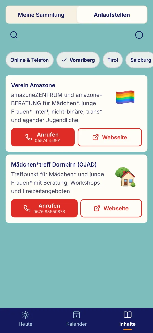 Die Anlaufstellen in Vorarlberg in der App: Verein Amazone und der Mädchen*treff Dornbirn, jeweils mit Knopf zum Anrufen und Link zur Webseite.