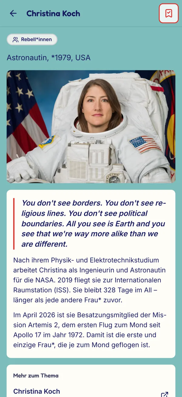 Das Porträt der Astronautin Christina Koch in der App, mit einem Zitat und ihrer Geschichte.